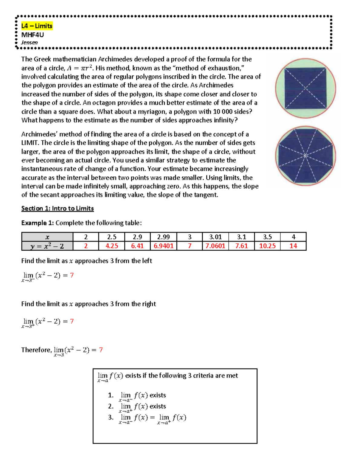 L4 Limits Lesson Solutions MHF4U: Understanding Archimedes' Method ...