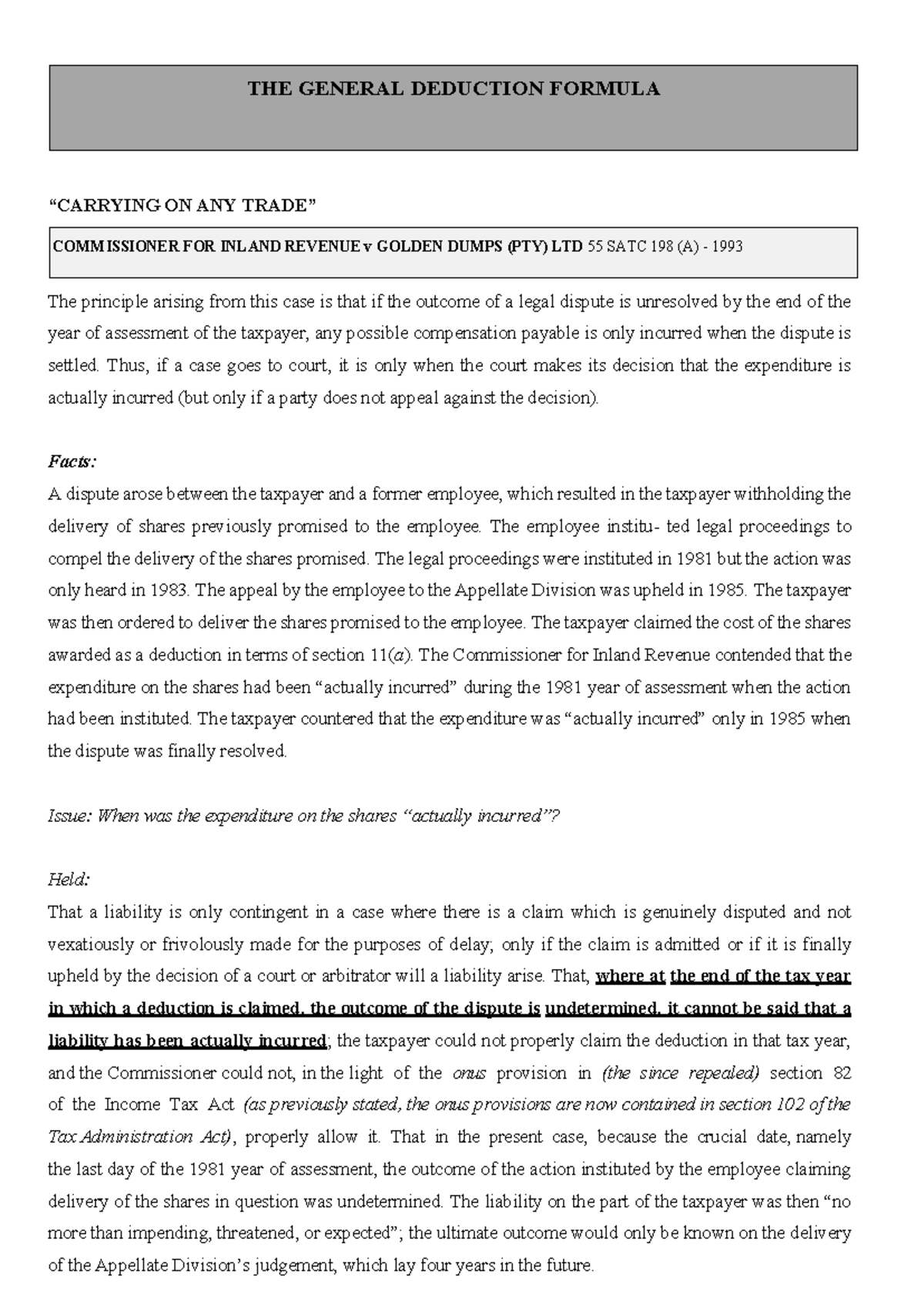Deductions - Case Law Overview for Taxation - Case Study Notes - Studocu