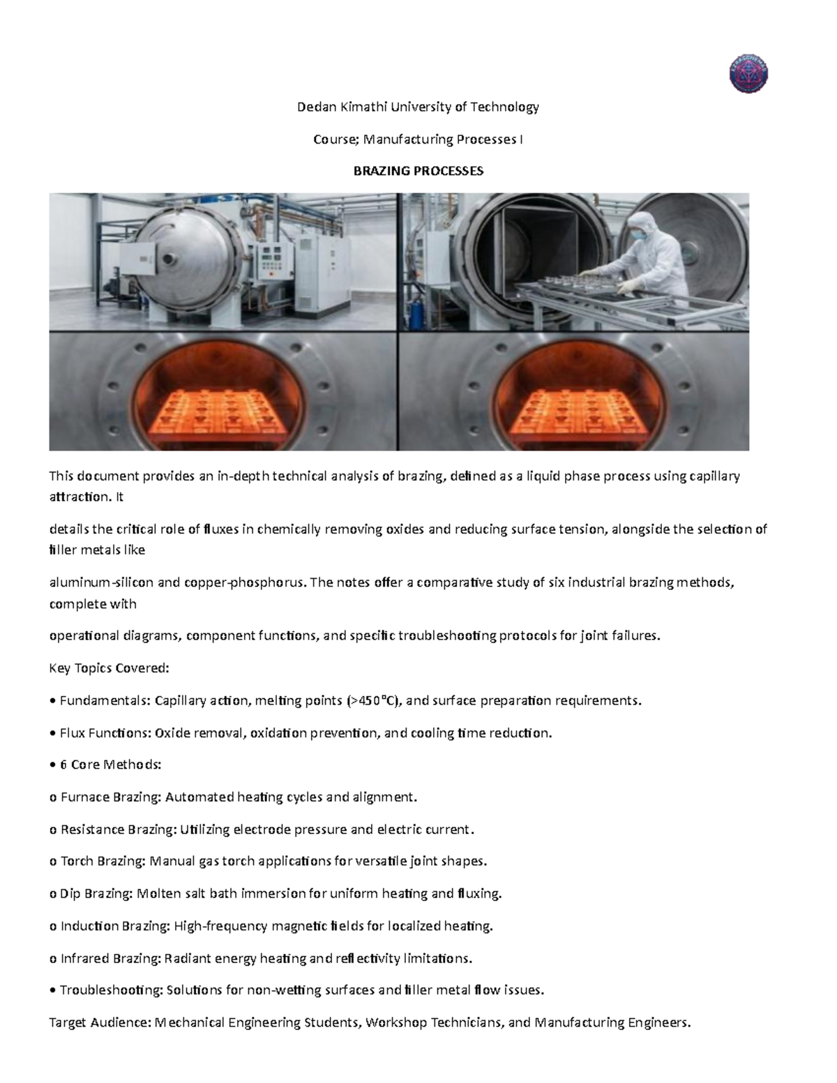 Brazing Processes: 6 Core Methods & Troubleshooting (DeKUT) - Studocu
