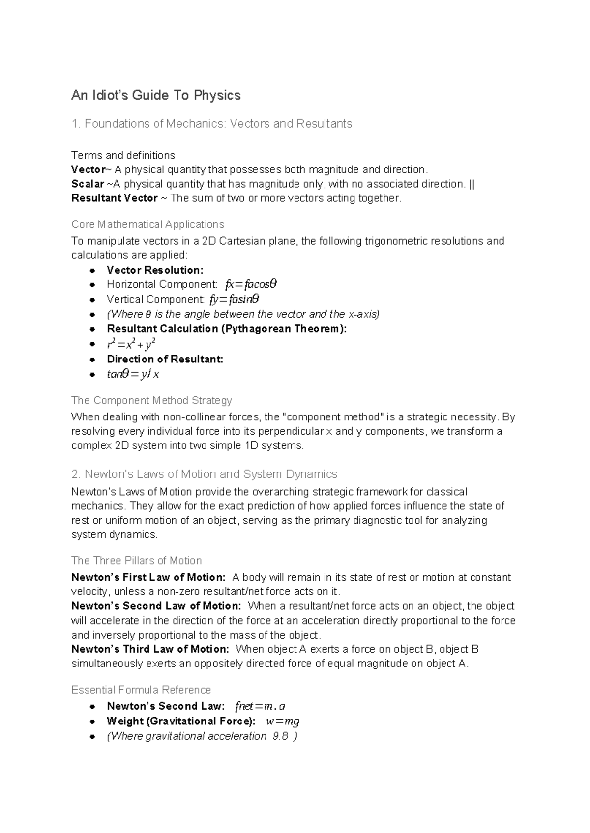 Grade 11 Physics 1: Comprehensive Formula & Definition Reference Sheet ...