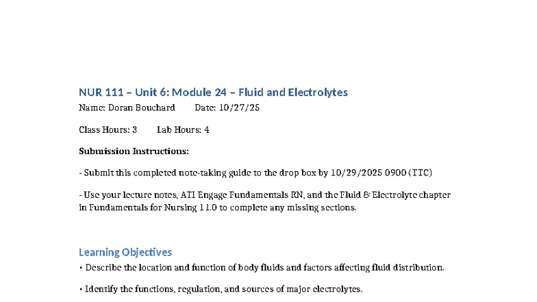 NUR 0900: Unit 6 - Fluid and Electrolytes Study Guide - Studocu