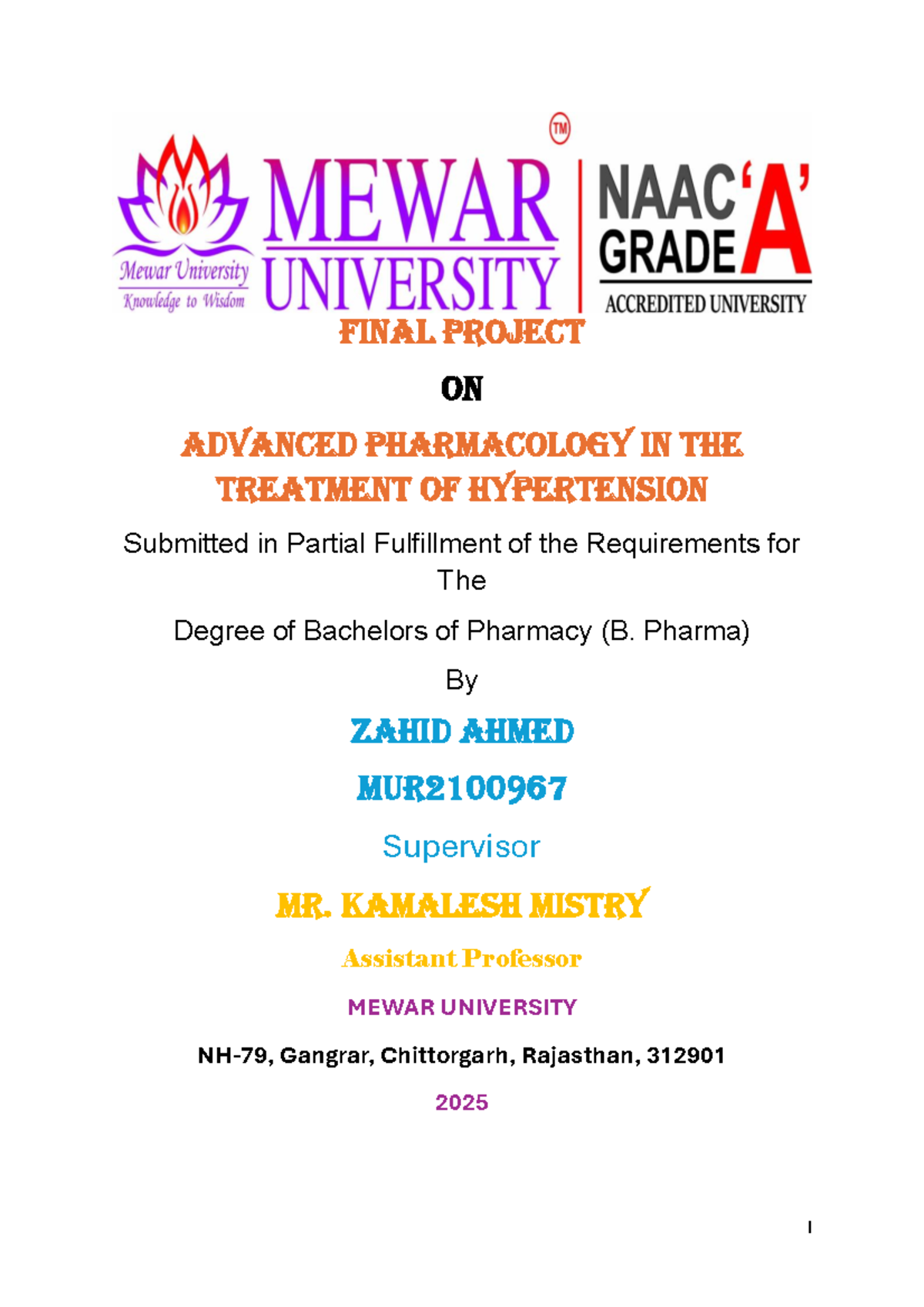 Final project on advanced pharmacology for hypertension treatment (B ...