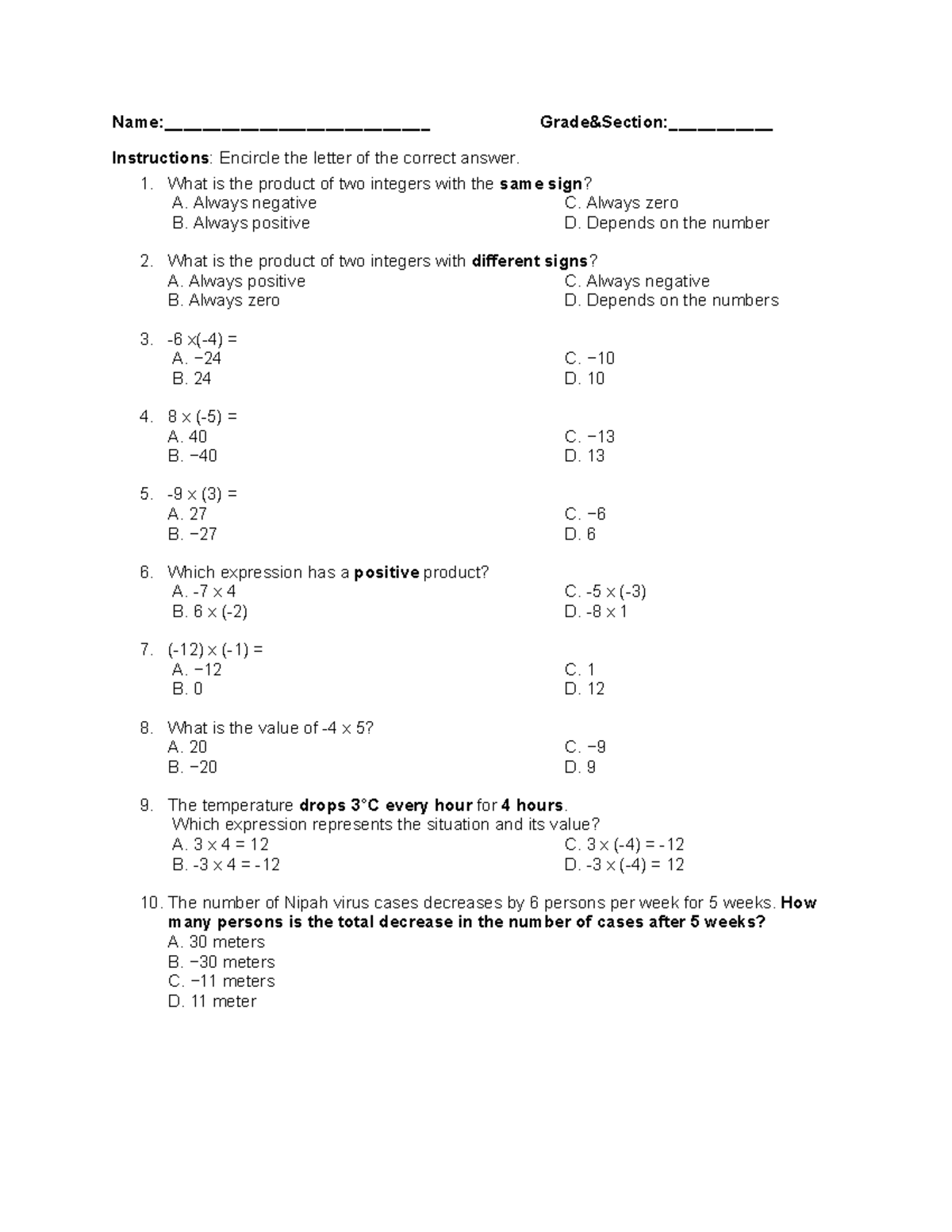 Assessment: Multiplying Integers and Expressions (Course Code: MATH101 ...