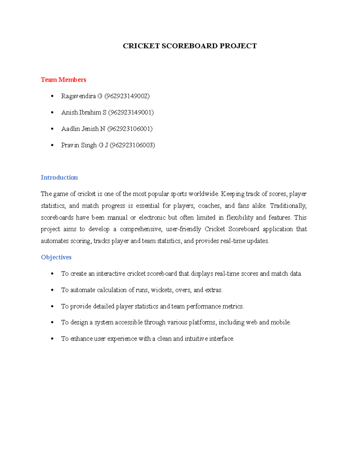CRICKET SCOREBOARD PROJECT: Comprehensive Application Overview - Studocu