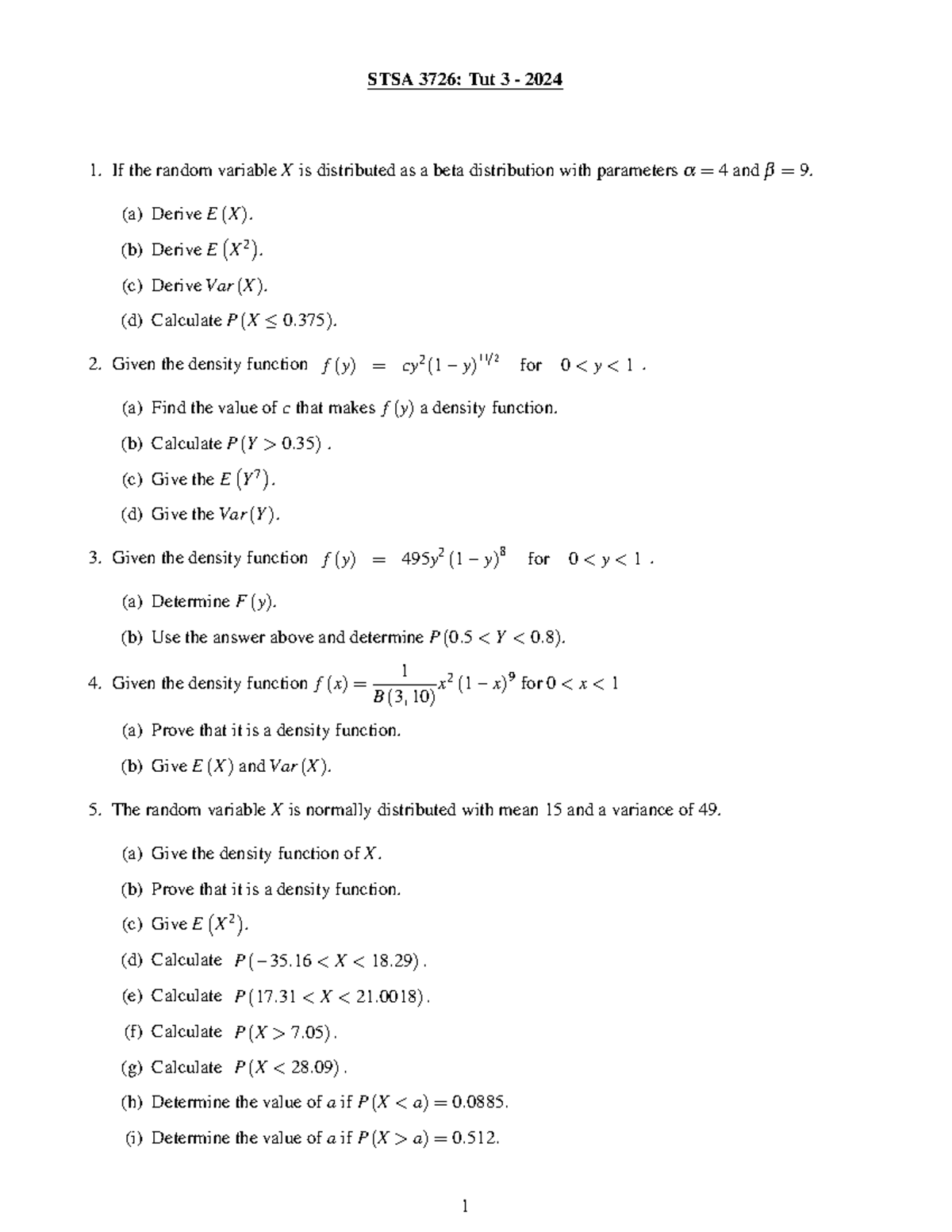 STSA 3726: Tutorial 3 - Beta & Normal Distribution Problems 2024 - Studocu