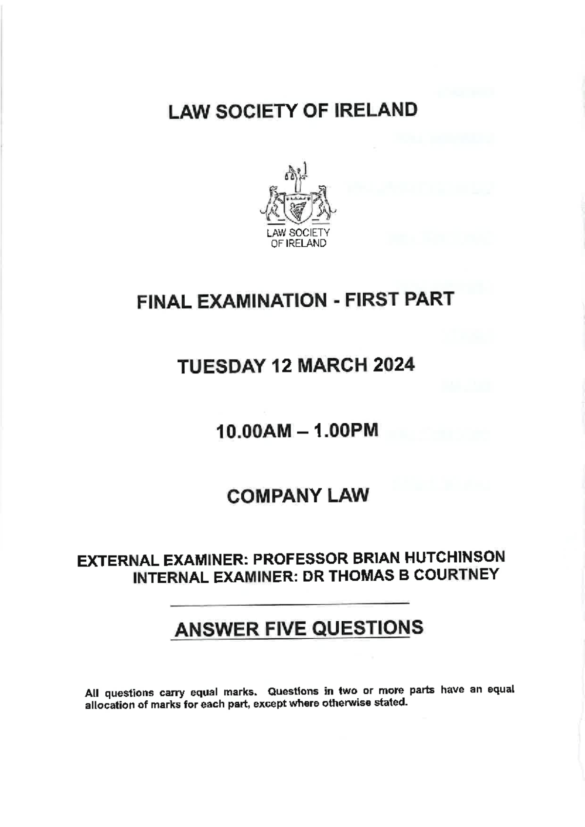 Company Law FE1 Final Exam Questions - March 2024 - Studocu