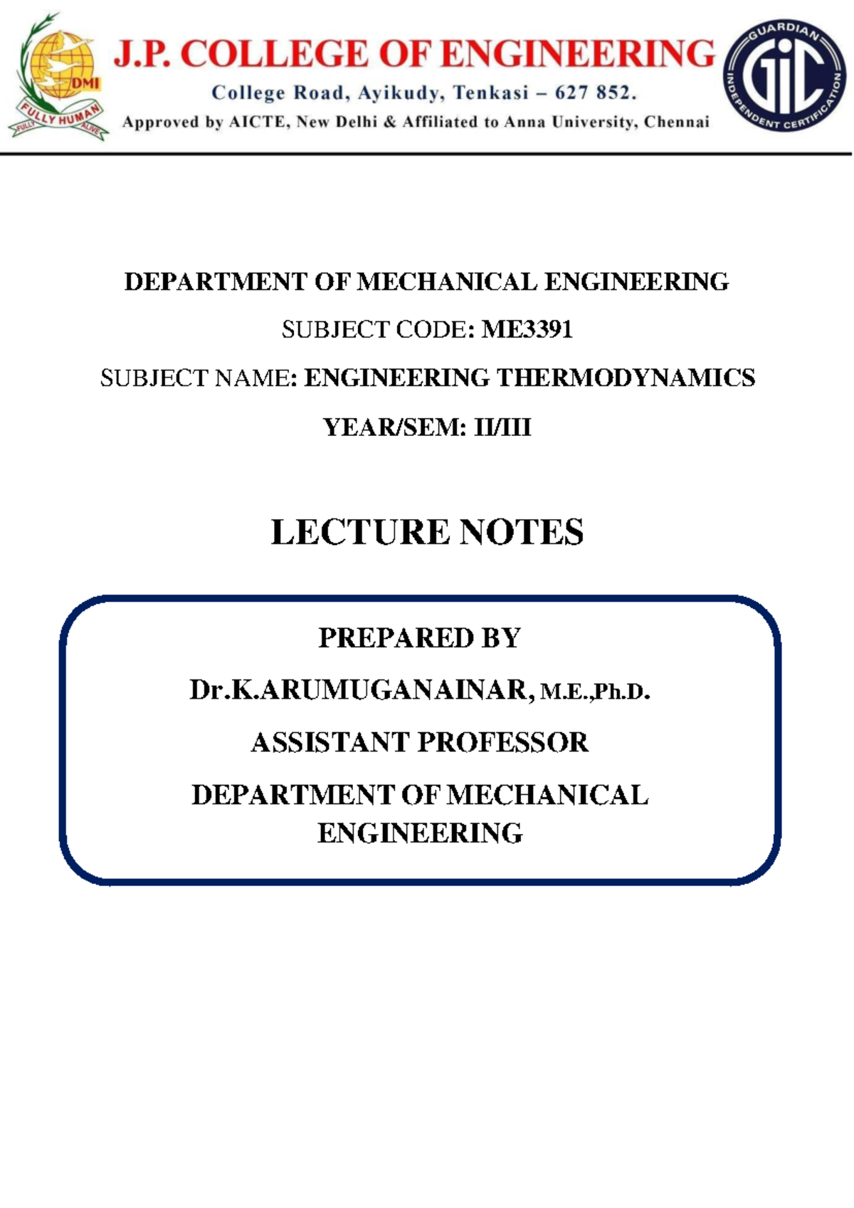 ME3391 Engineering Thermodynamics Lecture Notes and Question Bank - Studocu