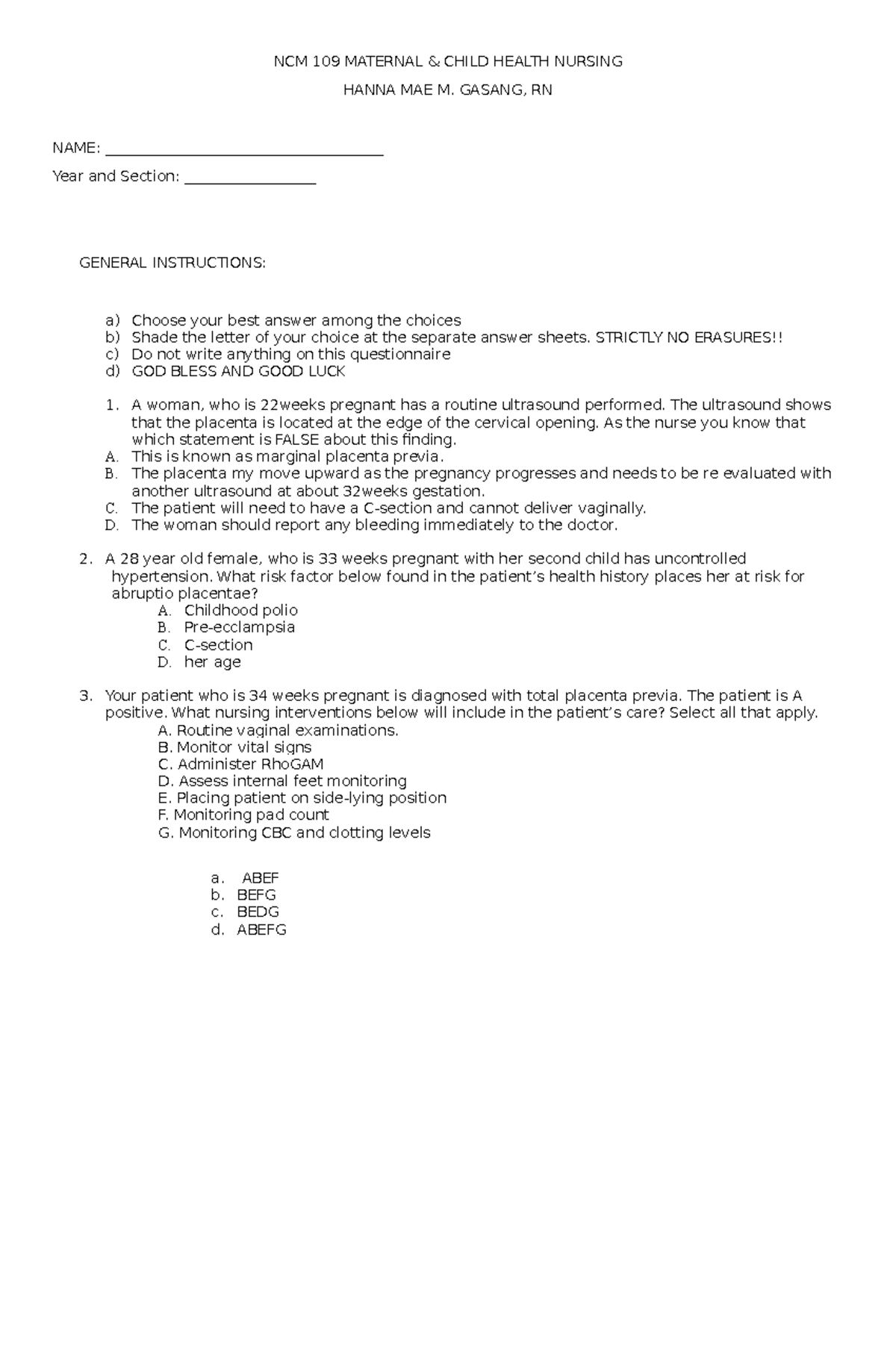 NCM 109 Final Exam Review: Maternal & Child Health Nursing Quiz - Studocu