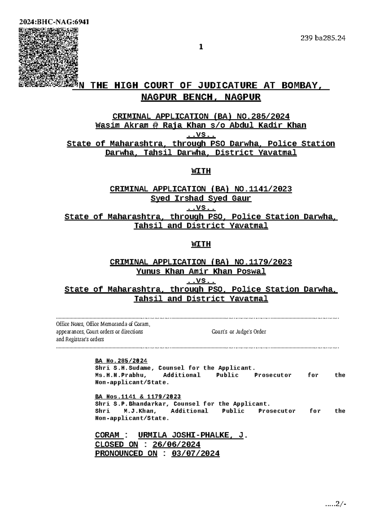 239 BA285.24: High Court Ruling on Bail Applications under NDPS Act ...