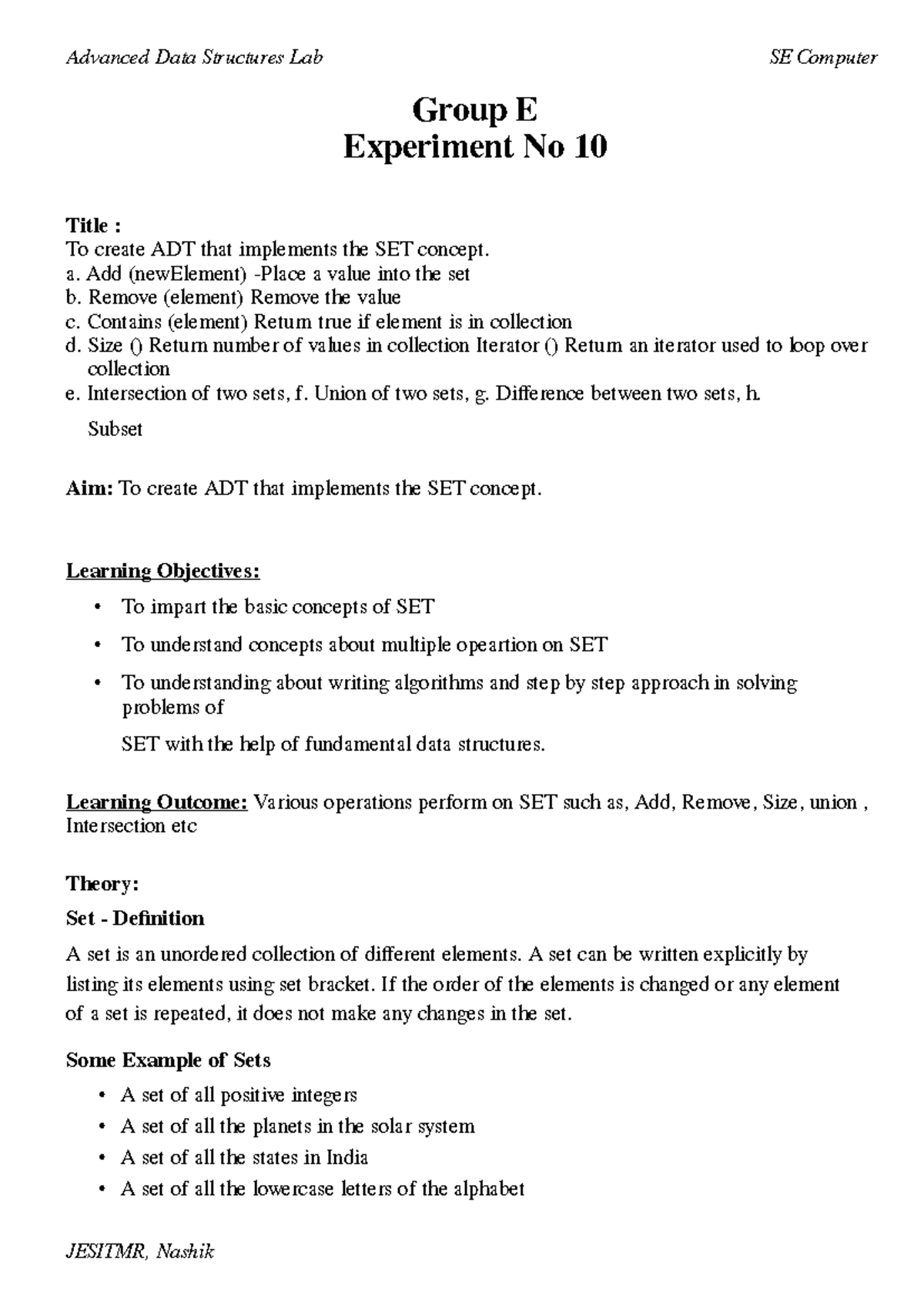 Experiment No 10 - Implementing SET ADT Functions and Concepts - Studocu