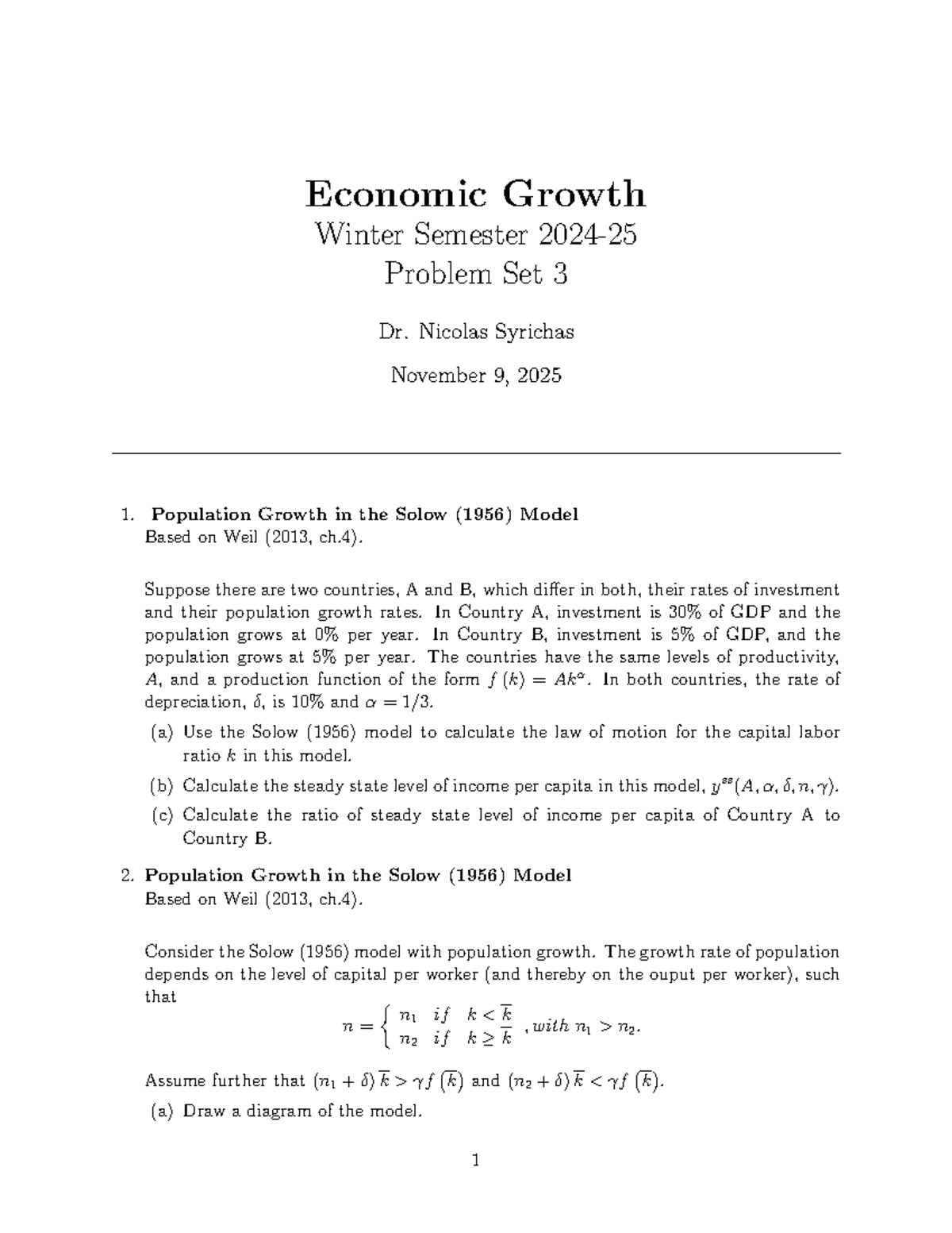 Economic Growth ECON 101 Winter Semester Problem Set 3 - Studocu