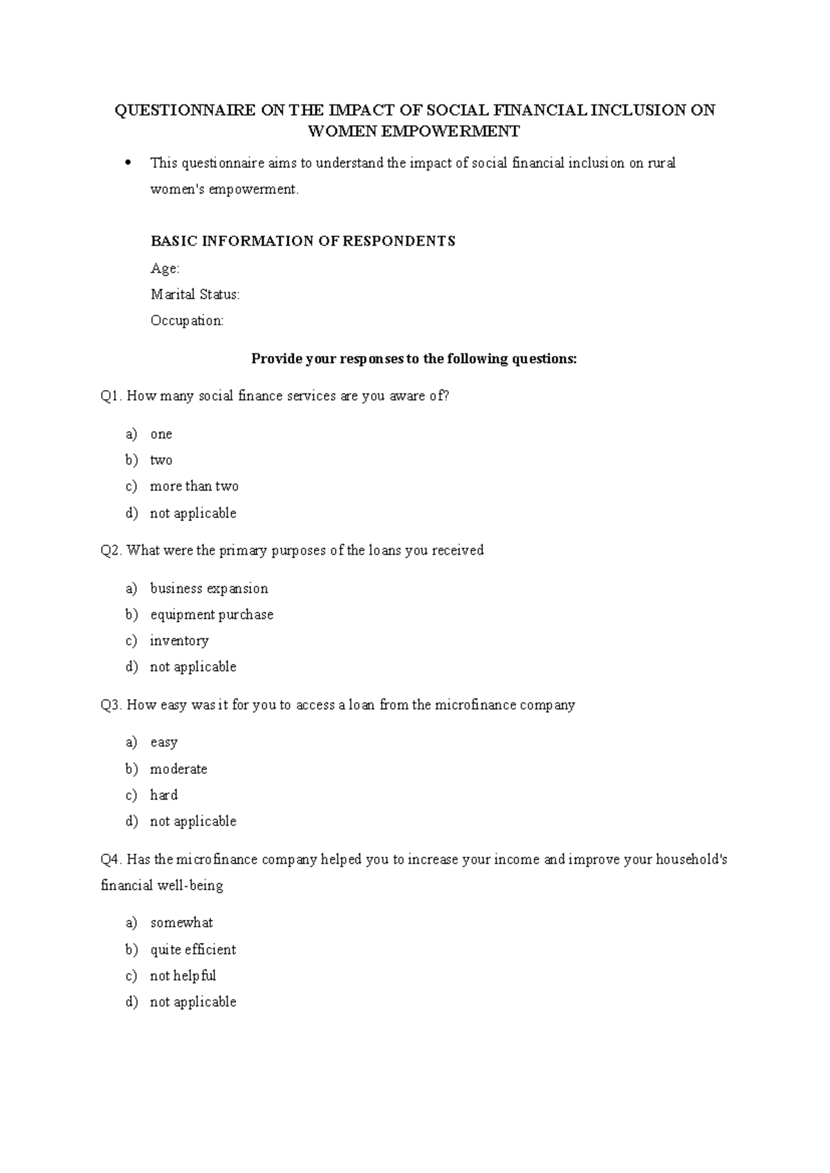 Questionnaire SF: Impact of Social Financial Inclusion on Women ...