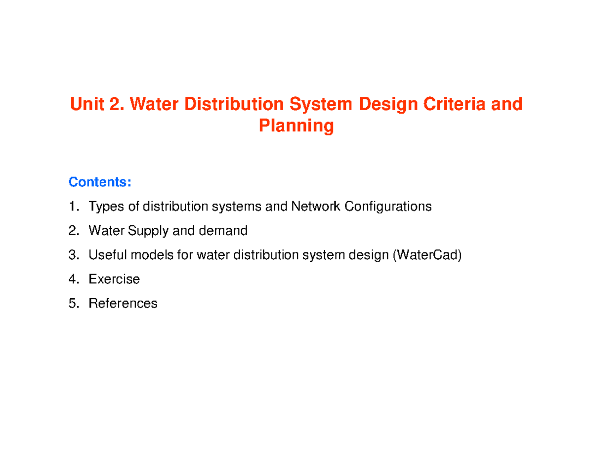 Unit 2: Water Distribution System Design Criteria and Models - Studocu