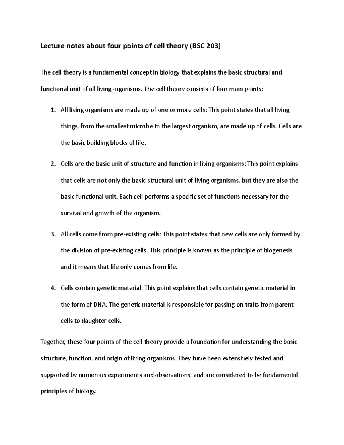BSC 203 Lecture Notes: Key Points of Cell Theory Explained - Studocu