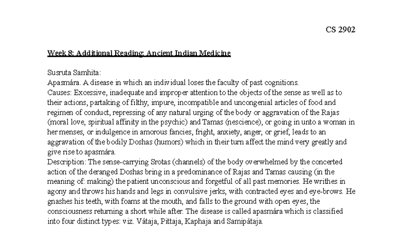 CS 2902 Week 8: Reading on Apasmára in Ancient Indian Medicine - Studocu