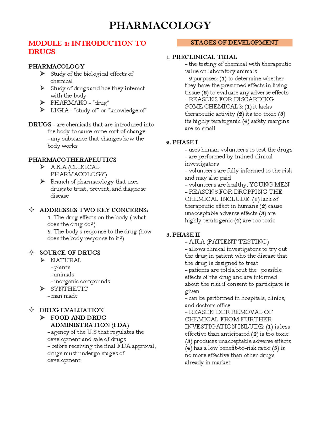 PHARMACOLOGY MODULE 1: INTRODUCTION TO DRUGS AND THERAPEUTICS - Studocu
