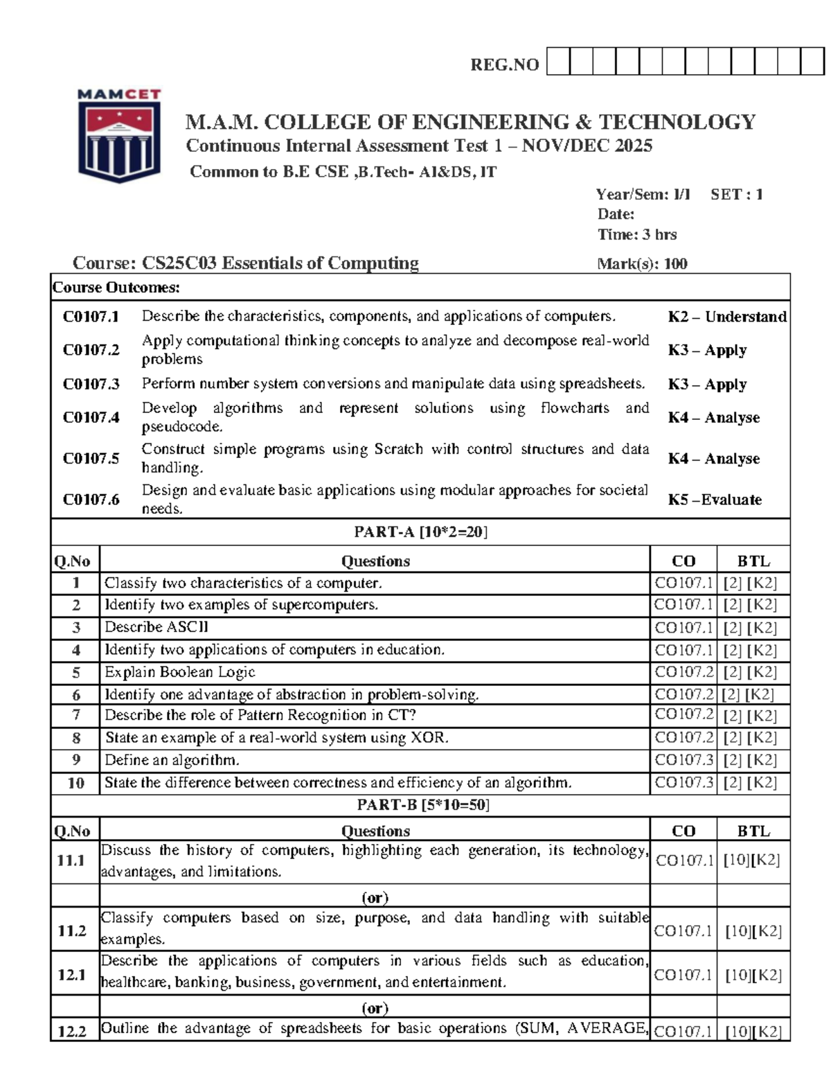 CS25C03 Continuous Internal Assessment Test 1 - Essentials of Computing ...