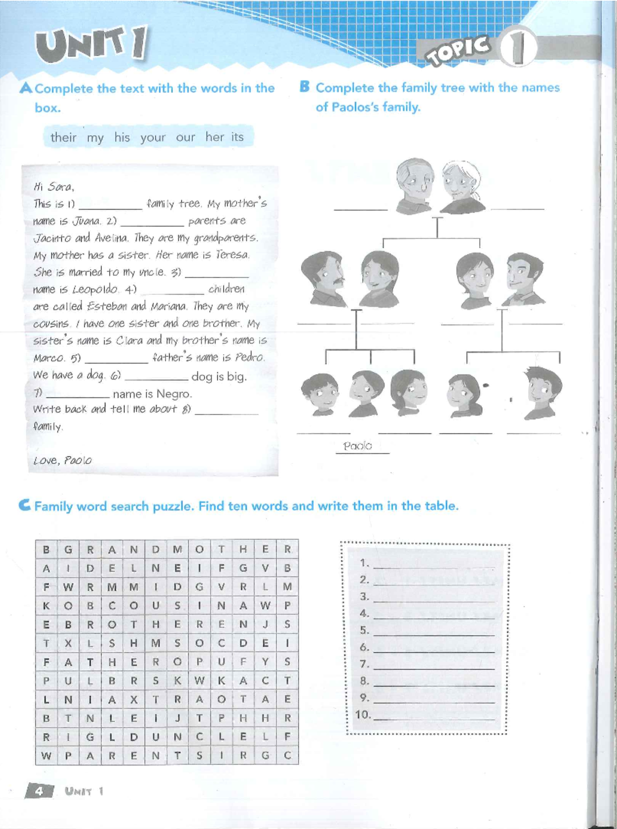 Workbook 3, UNIT 1 - Family Tree and Sentence Completion Activities ...