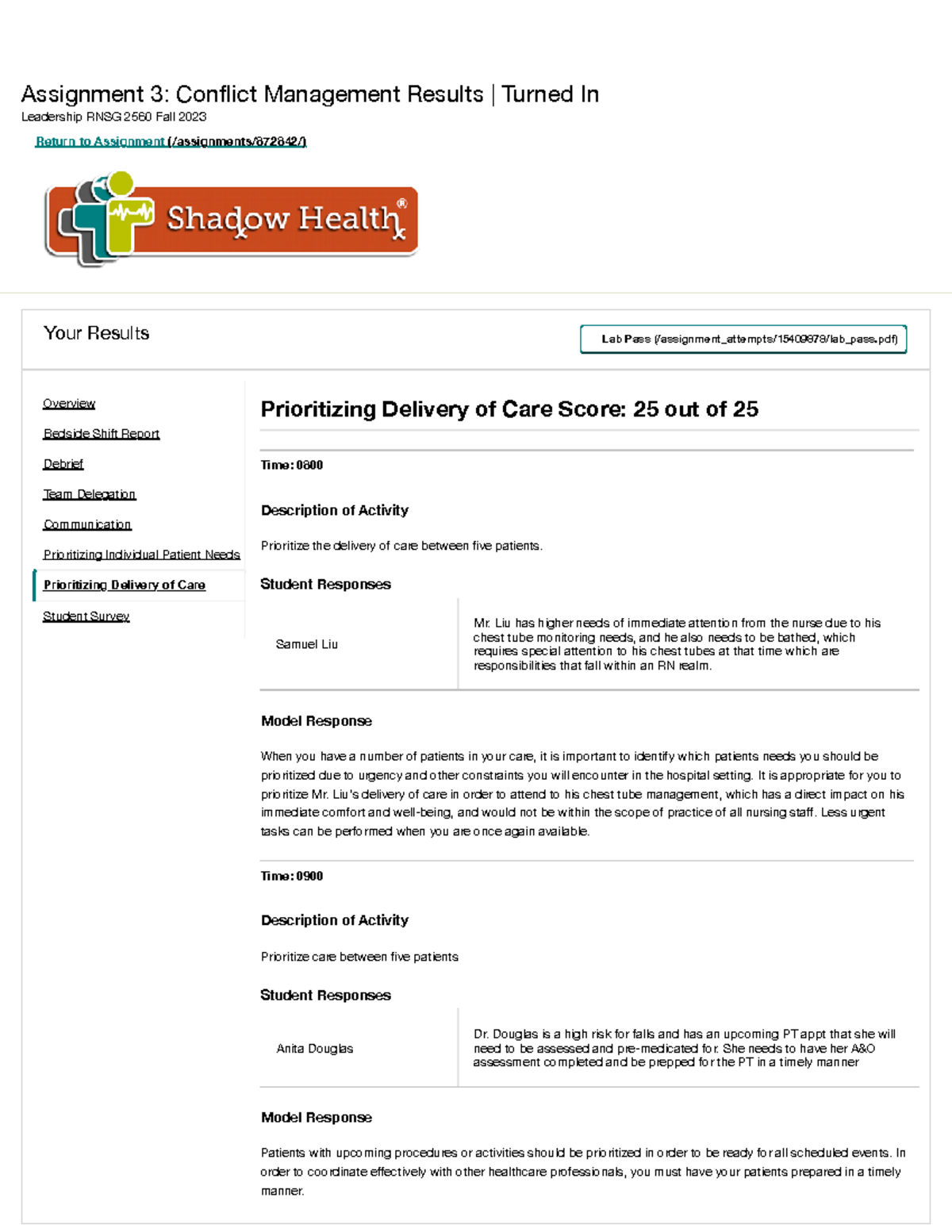 Shadow Health RNSG 2560 Fall 2023 - Conflict Mgmt: Care Prioritization ...