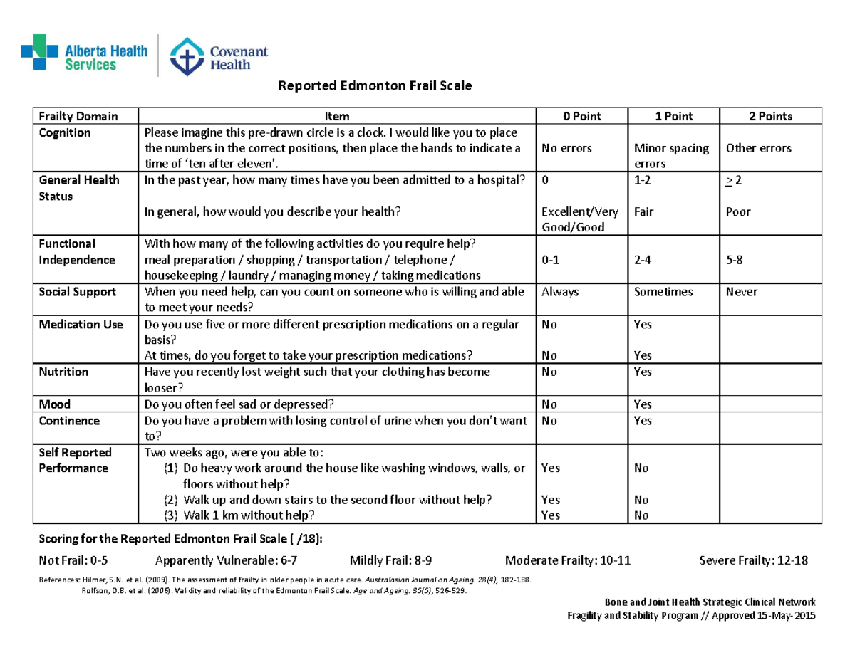 Edmonton Frail Scale Assessment - Geriatric Evaluation Tools - Studocu