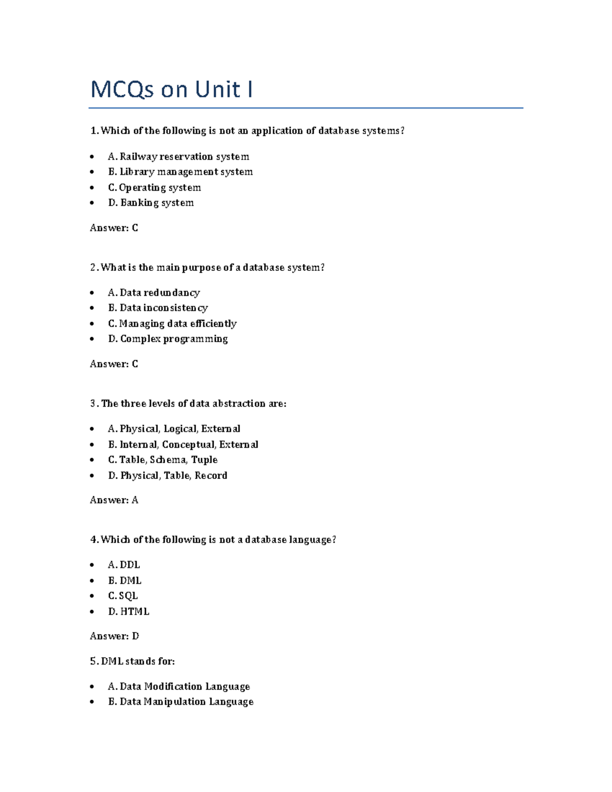 Unit I MCQs on Database Systems Concepts and Applications - Studocu