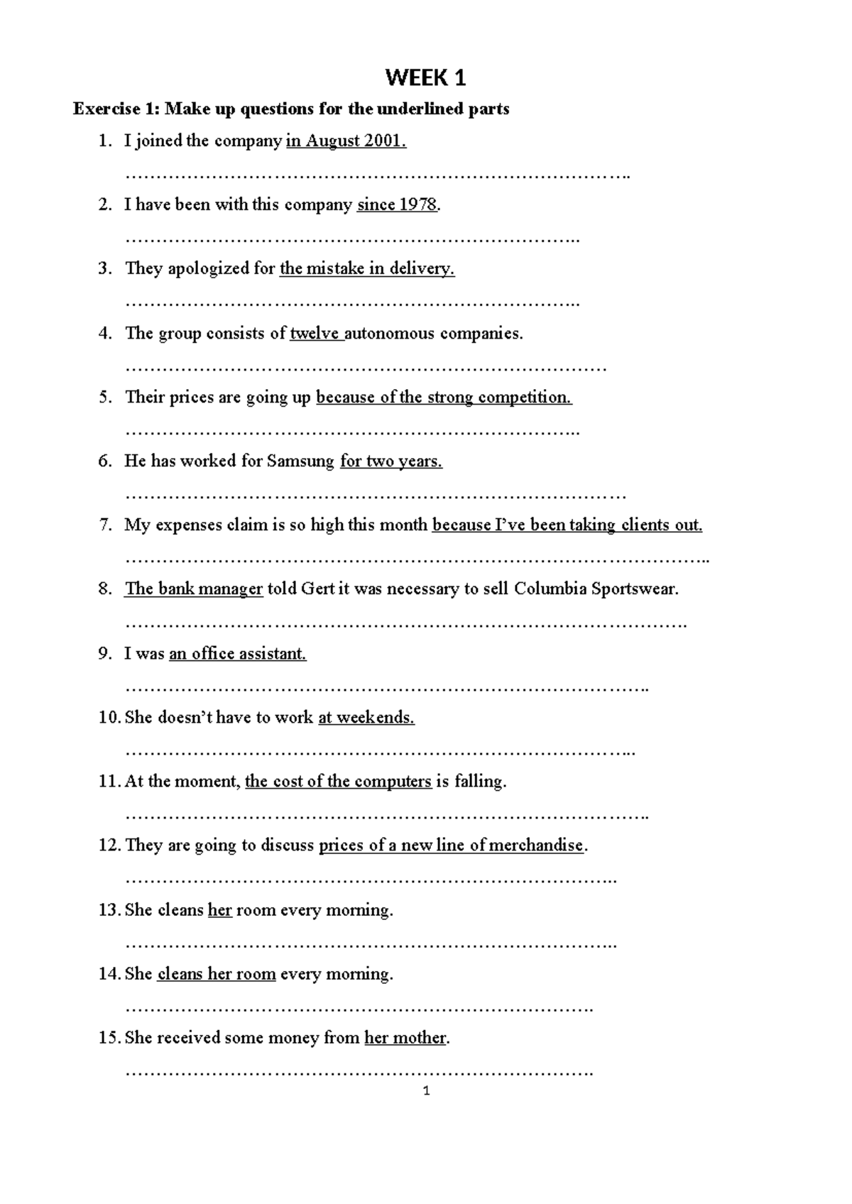 WEEK 1 - Exercise Questions and Sentence Construction Activities - Studocu