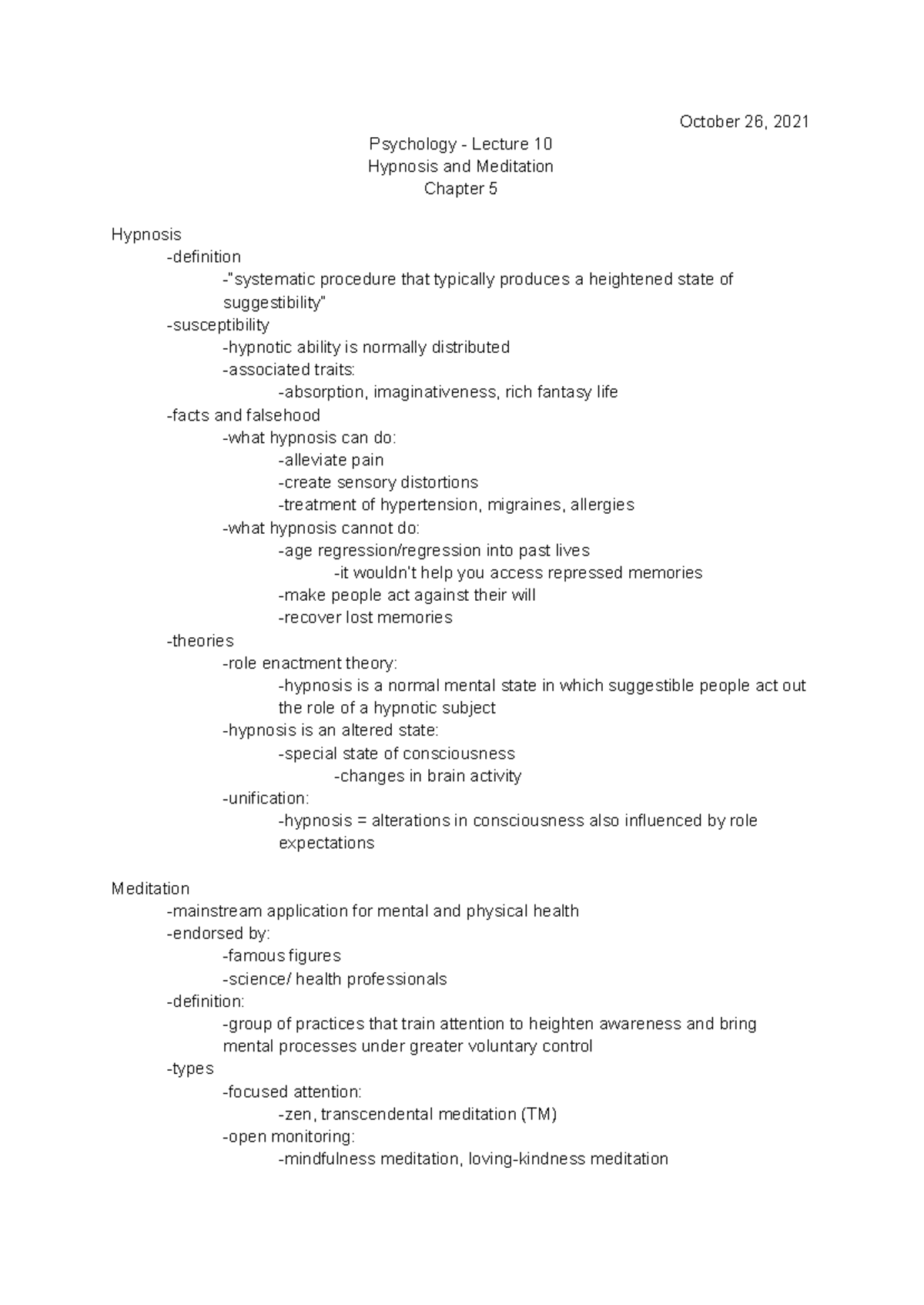 PSYC Lecture 10 Notes - psyc1010 - Yorku - Studocu