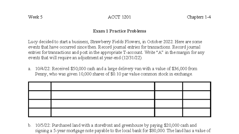 Week 5 ACCT 1201 Exam 1 Practice Problems for Strawberry Fields Flowers ...