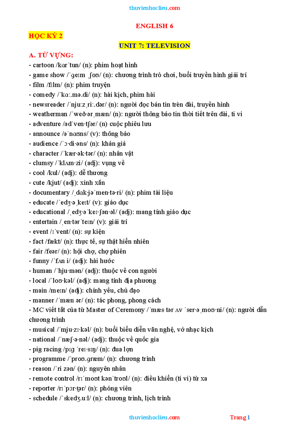 ENGLISH 6 - HK2 - UNIT 7: TELEVISION - Vocabulary & Grammar Exercises ...