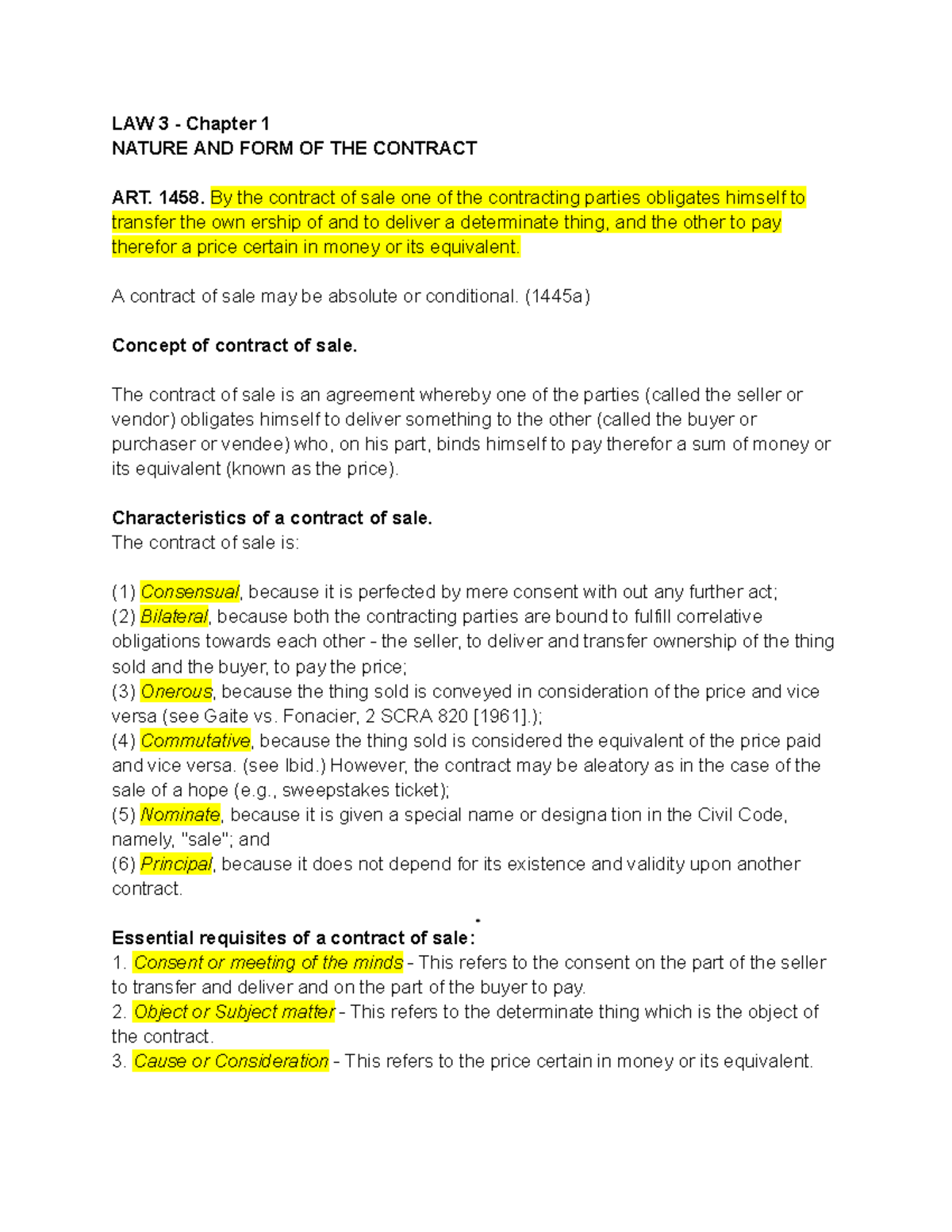 LAW 3 Chapter 1: Nature and Form of the Contract of Sale - Studocu