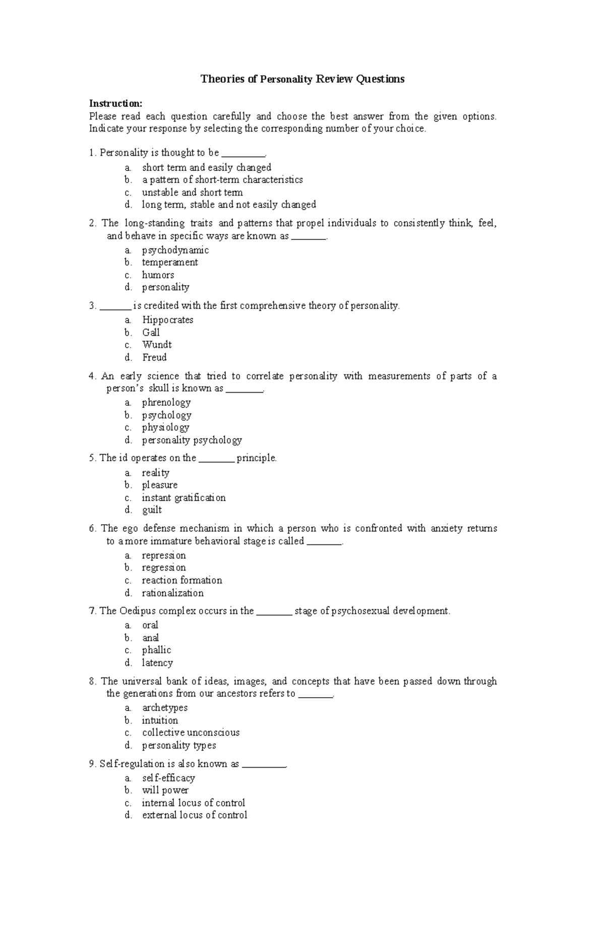 Theories of Personality: Review Questions for PSY 101 Final Exam - Studocu