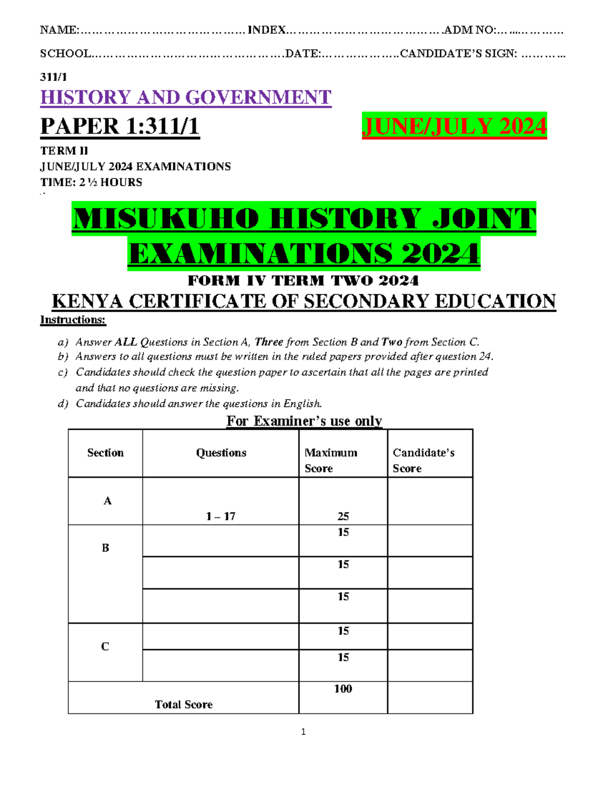 HISTORY AND GOVERNMENT PAPER 2024 TERM II EXAMINATION - MISUKUHO - Studocu