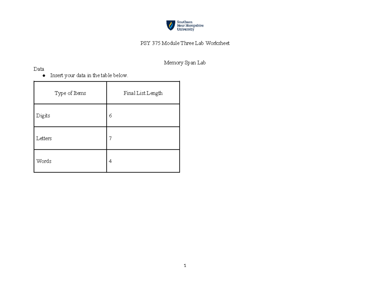 PSY 375 Memory Span and Mental Rotation Lab Worksheet Analysis - Studocu
