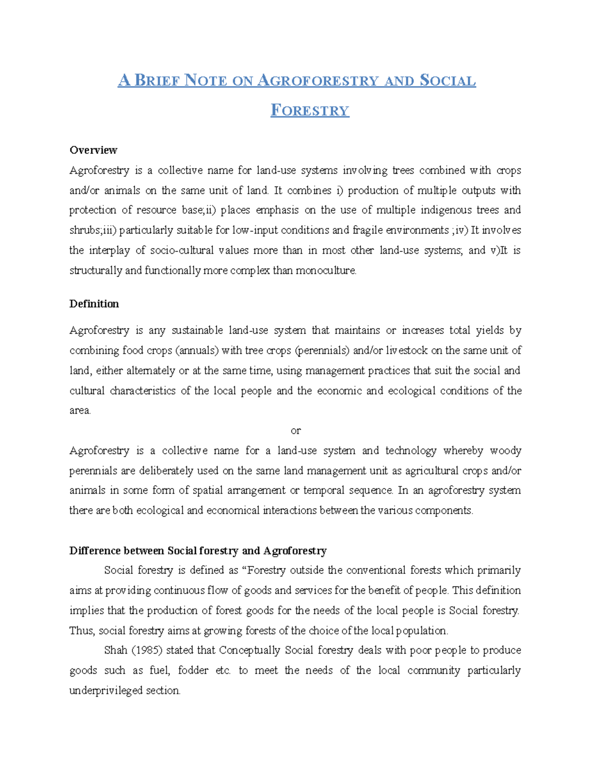 A Brief NOTE ON Agroforestry AND Social Forestry - A B RIEF NOTE ON ...