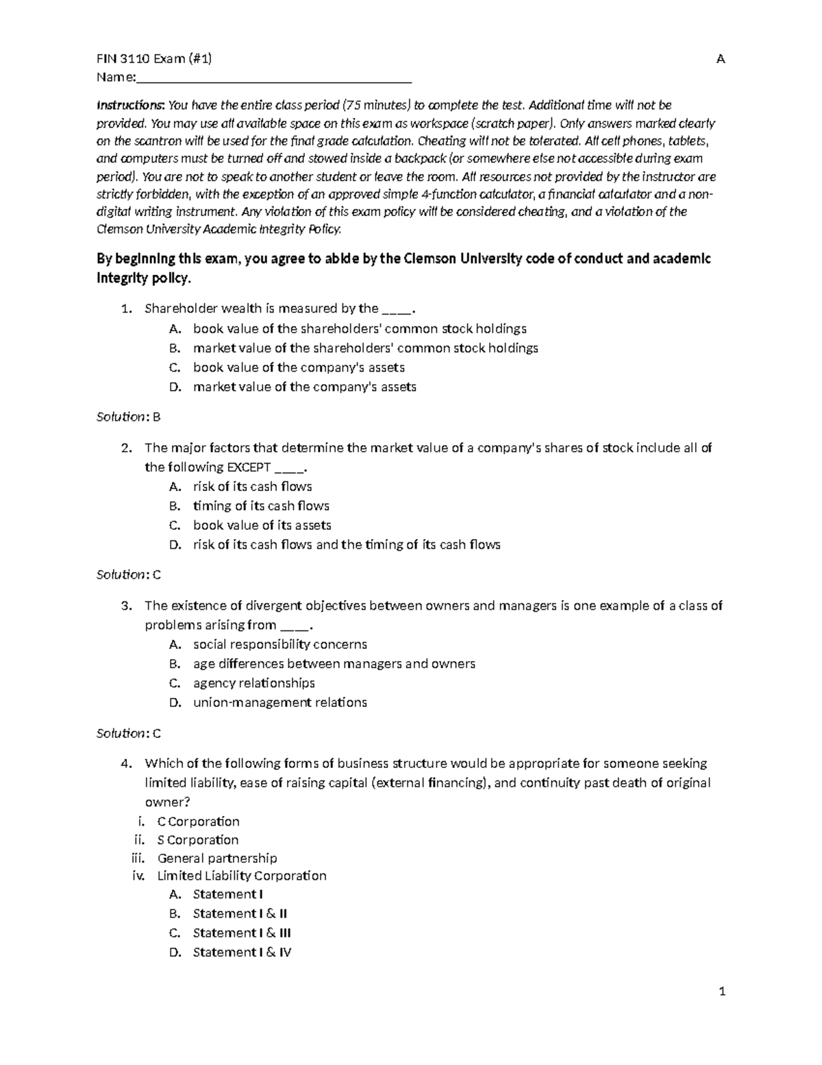 FIN 101: Exam 1 with Solutions and Detailed Answers - Studocu