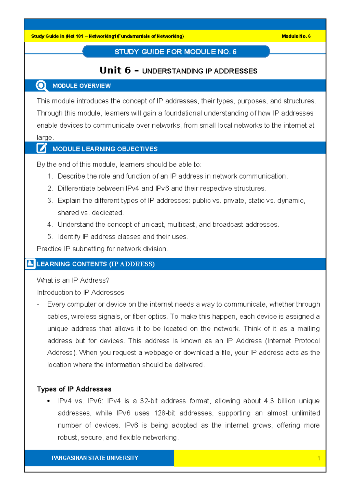 Net 101 Study Guide: Module 6 - Understanding IP Addresses - Studocu