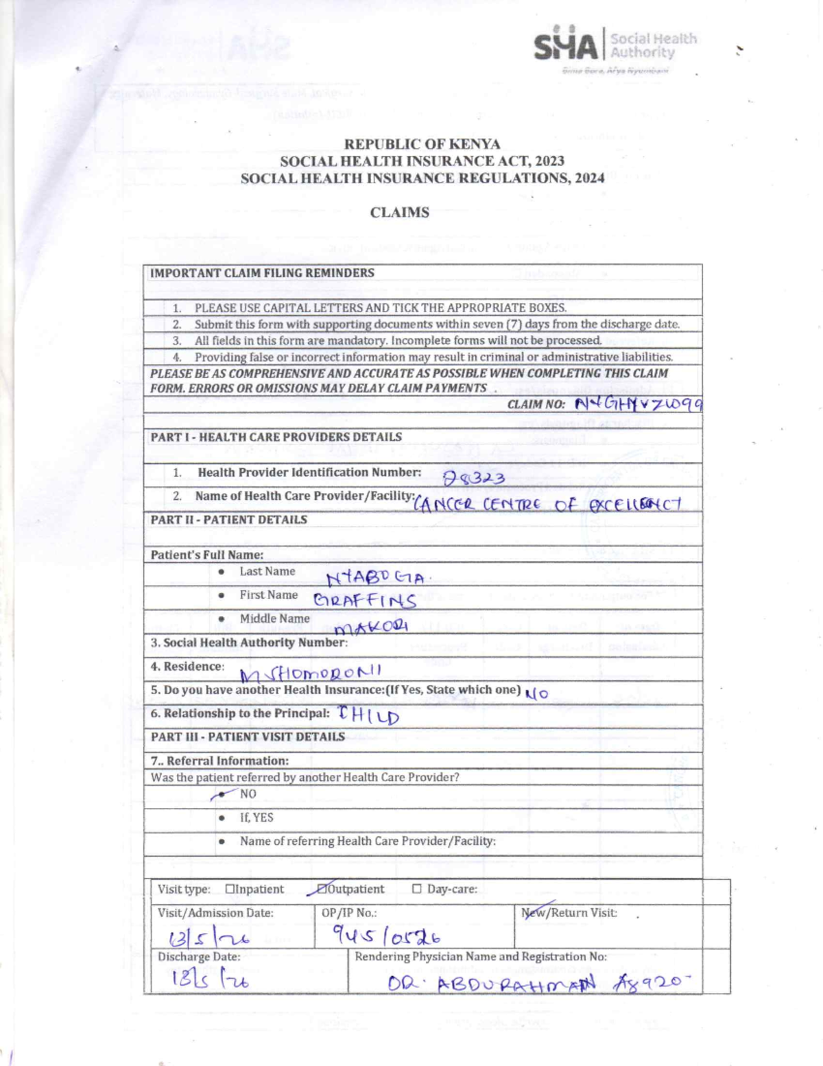 SHA Social Health Authority Claim Form - Graffin Makori - Studocu
