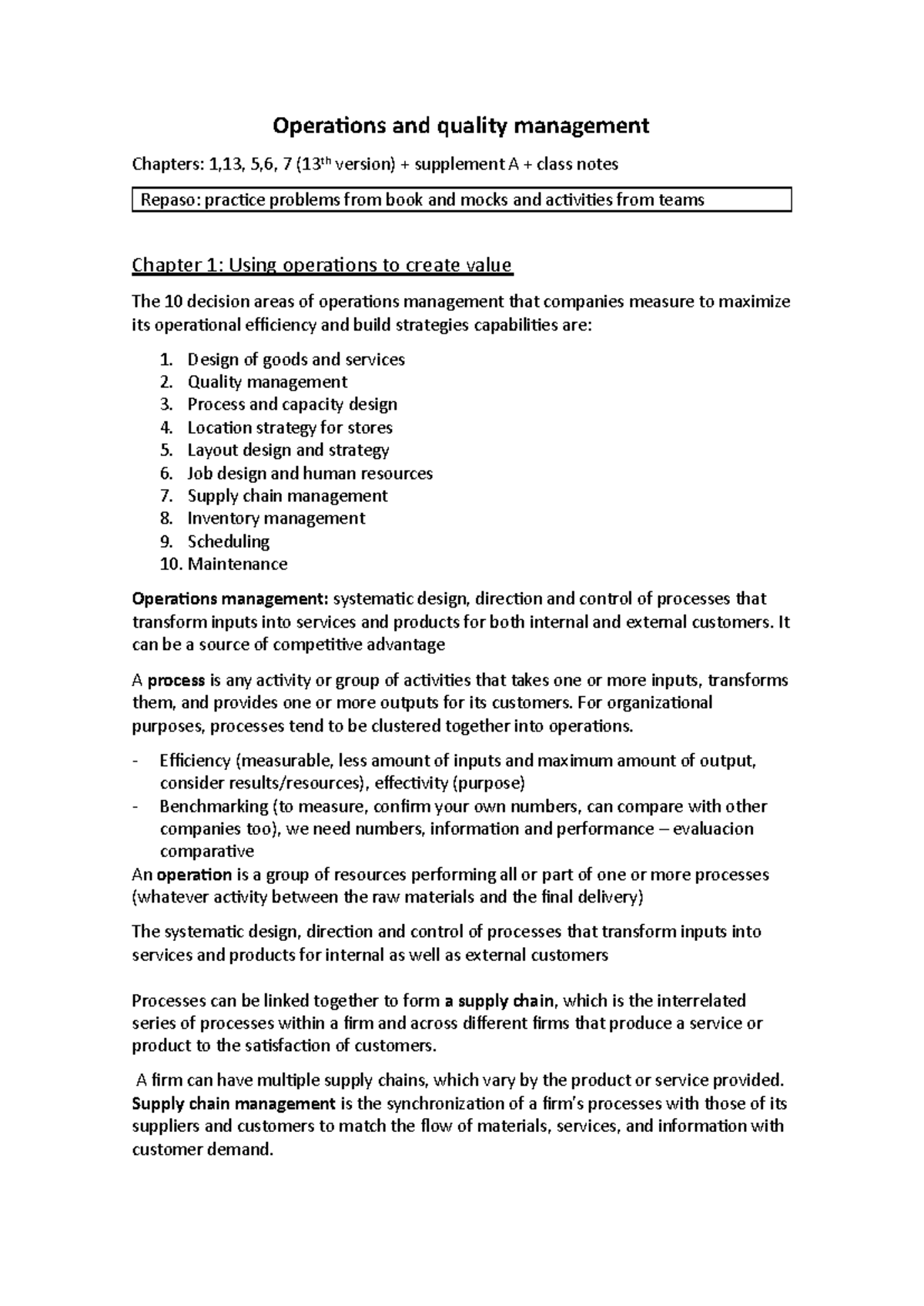 Summary of Operations & Quality Management (OM 101) - 13th Edition ...