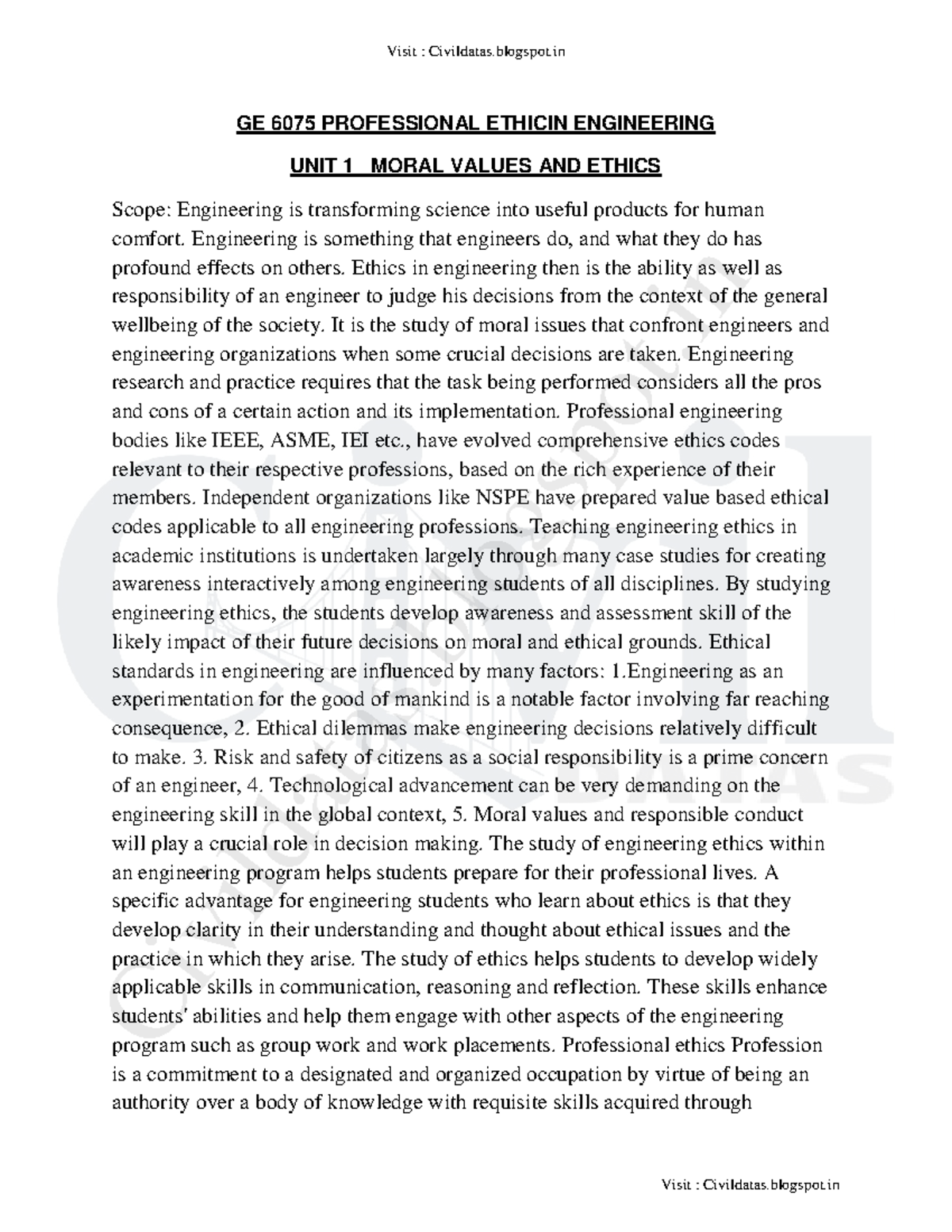 GE6075 Professional Ethics in Engineering - Comprehensive Notes - Studocu