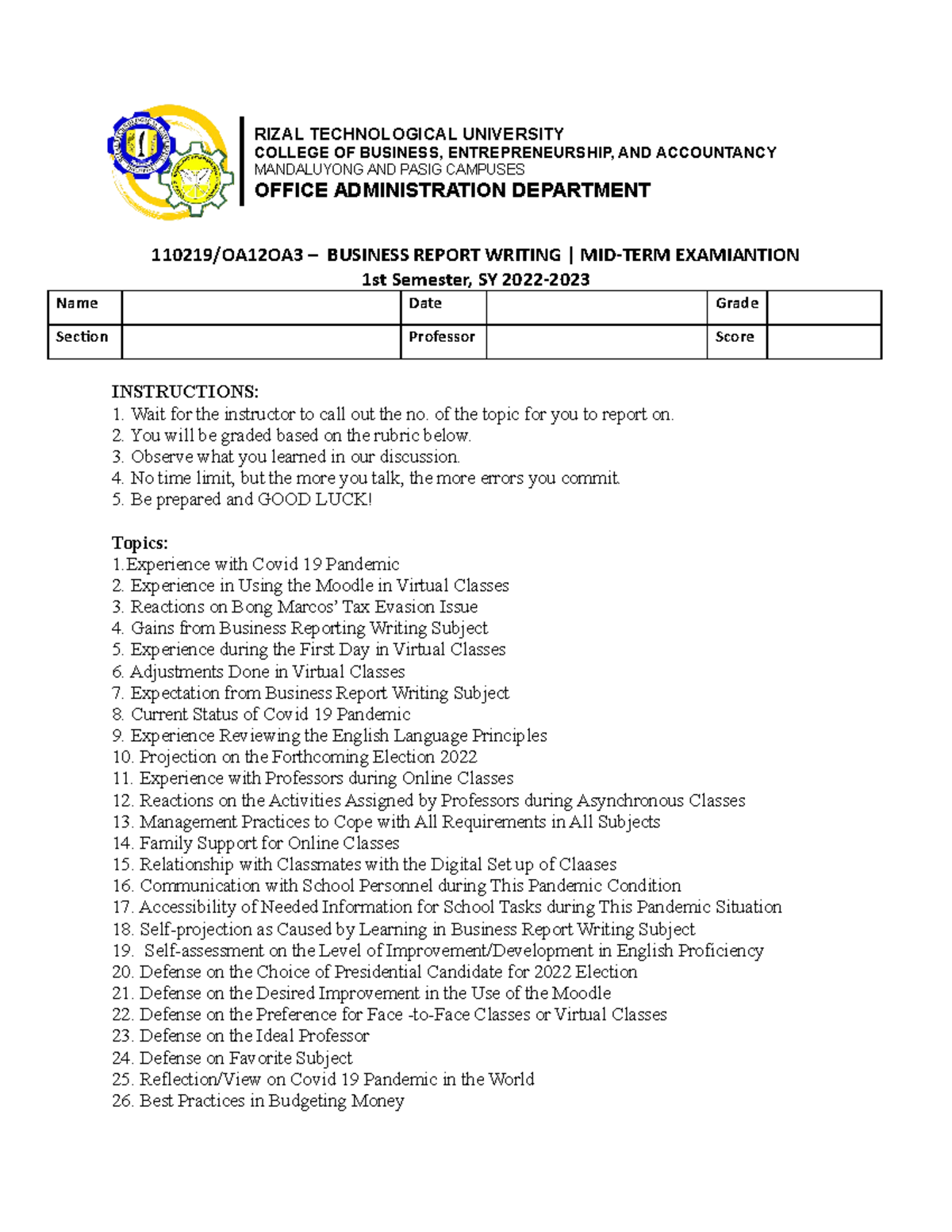 Midterm Exam Guidelines – Business Report Writing (110219/OA12OA3 ...