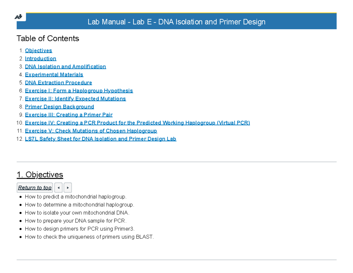 Lab E: DNA Isolation, Primer Design & PCR Techniques - 24F-LIFESCI-7L ...