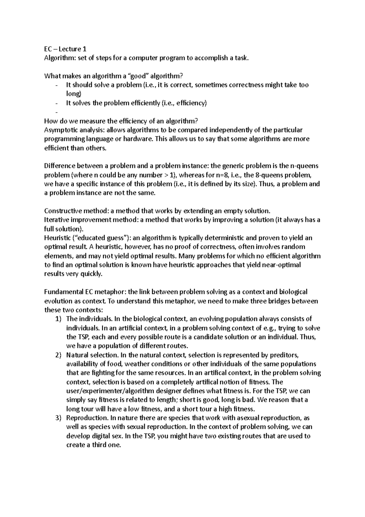 Notes first lecture - introduction EC - Evolutionary Computing ...