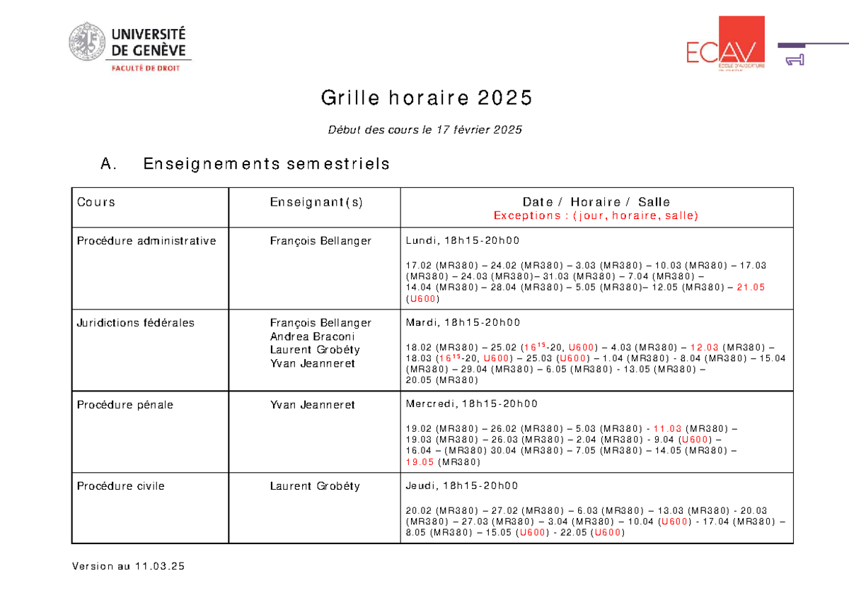 Grille Horaire ECAV 2025 - Début des Cours le 17 Février 2025 - Studocu