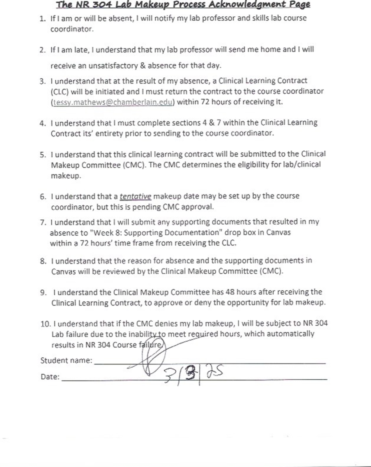 NR 304 Lab Makeup Process Acknowledgment Guide for Nursing Students ...