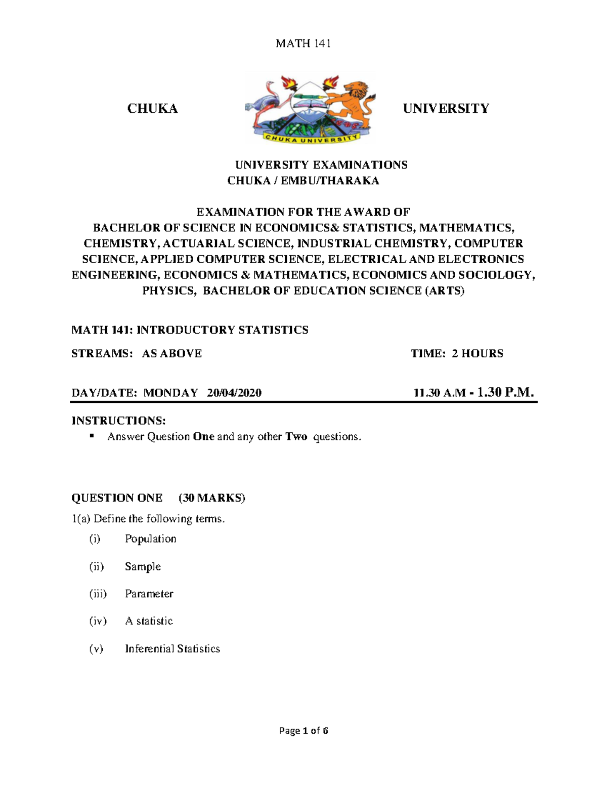 MATH 141: Revision Notes for Introductory Statistics Exam - Studocu