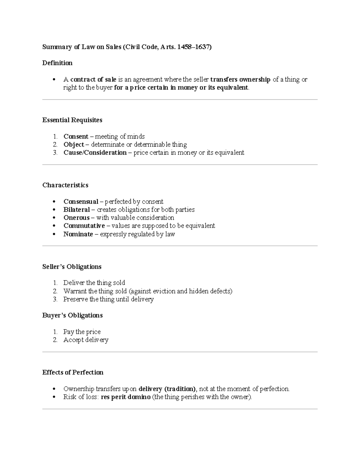 Summary of Law on Sales (Civil Code) - Key Concepts & Obligations - Studocu