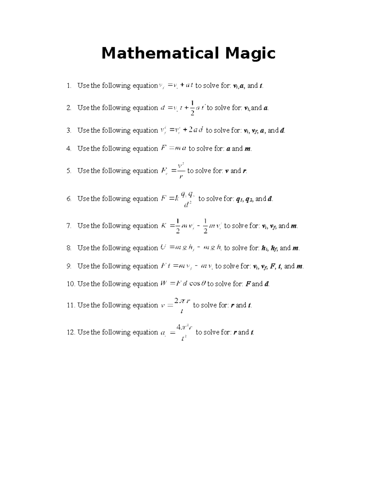 Mathematical Magic Review: Key Equations and Solutions - Studocu