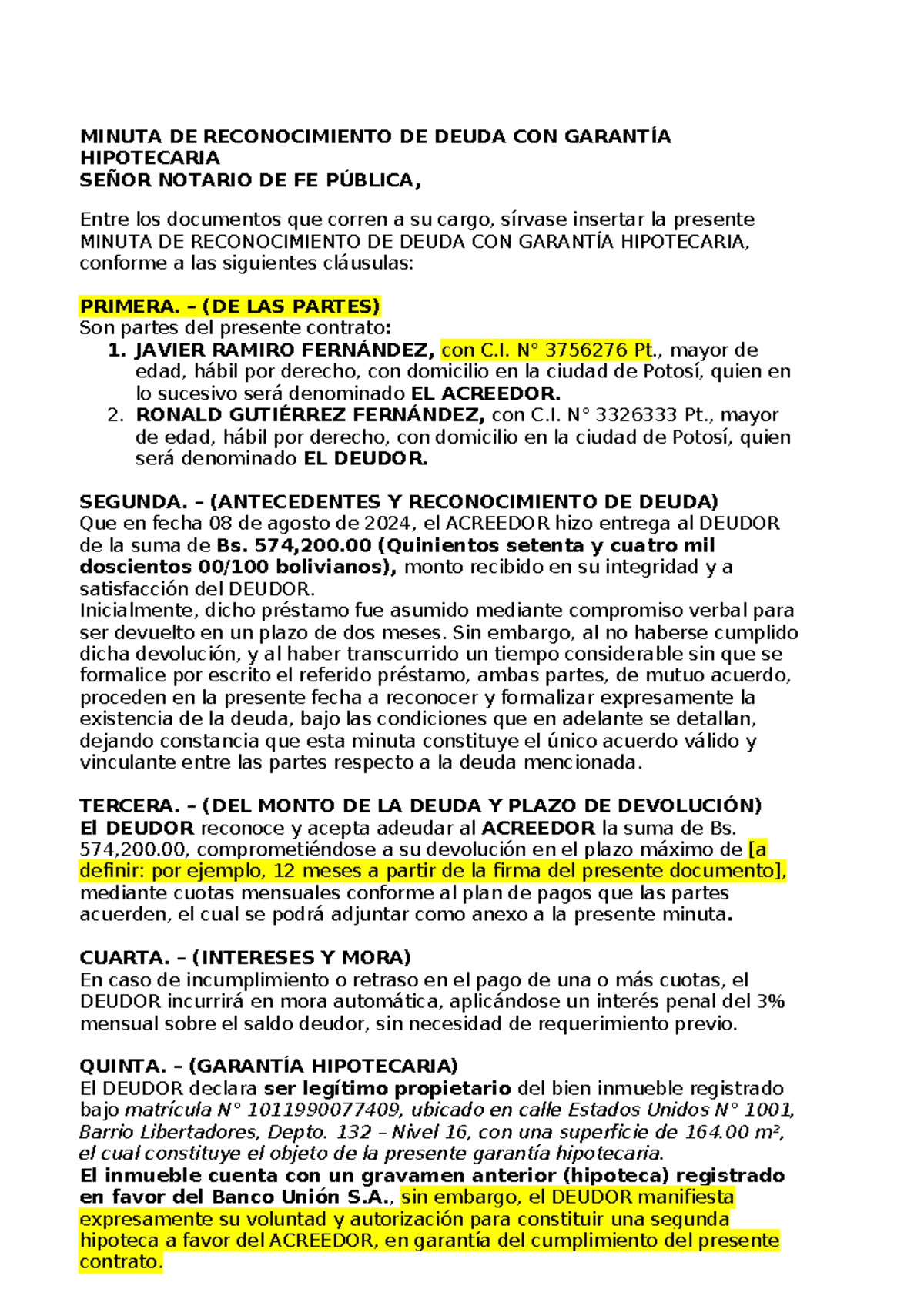 Minuta de Reconocimiento de Deuda con Garantía Hipotecaria - Document Preview