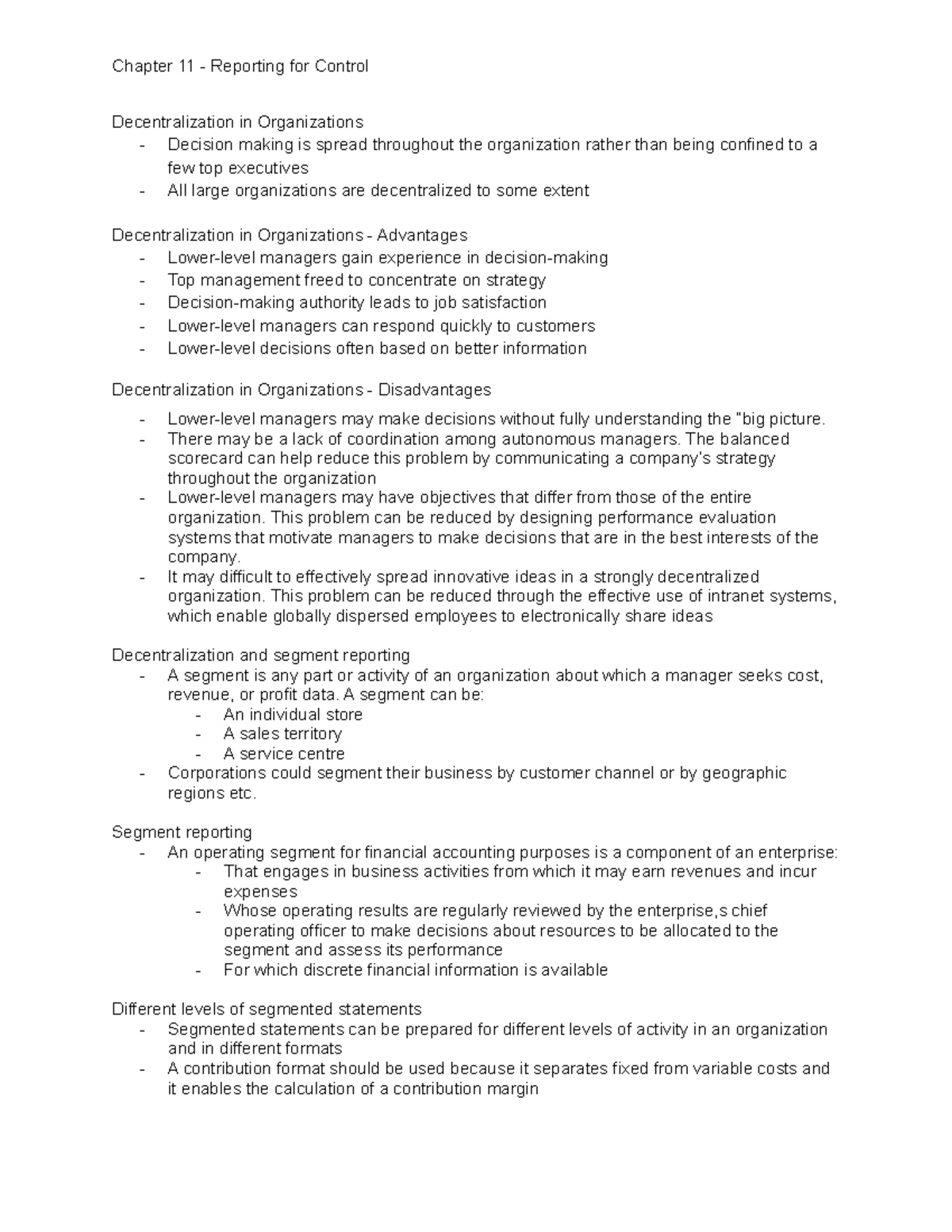 Chapter 11 - Decentralization and Segment Reporting Insights - Studocu