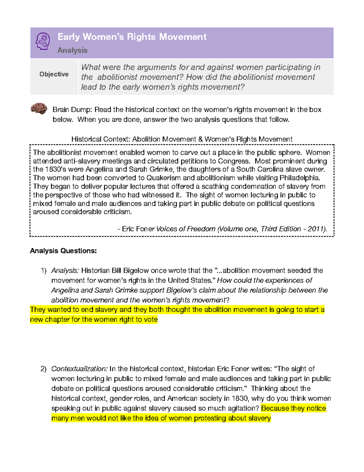 Unit 3A Analysis: Early Women's Rights Movement